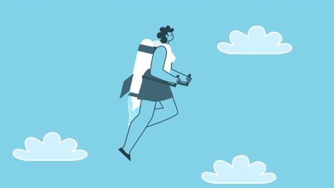 flying woman with jet pack. flat design cartoon character isolated loop 2d animation with alpha channel