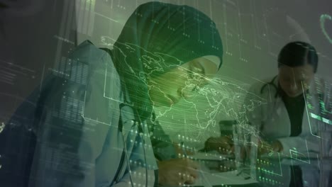 Data-processing-over-portrait-of-african-american-female-doctor-in-hijab-taking-notes-at-hospital