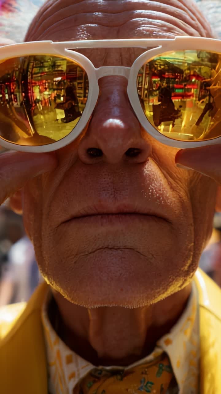 Close-Up Portrait of a Distinguished Elderly Man Wearing Stylish Gold Sunglasses, Capturing Vibrant Reflective Surroundings in a Colorful Outdoor Setting