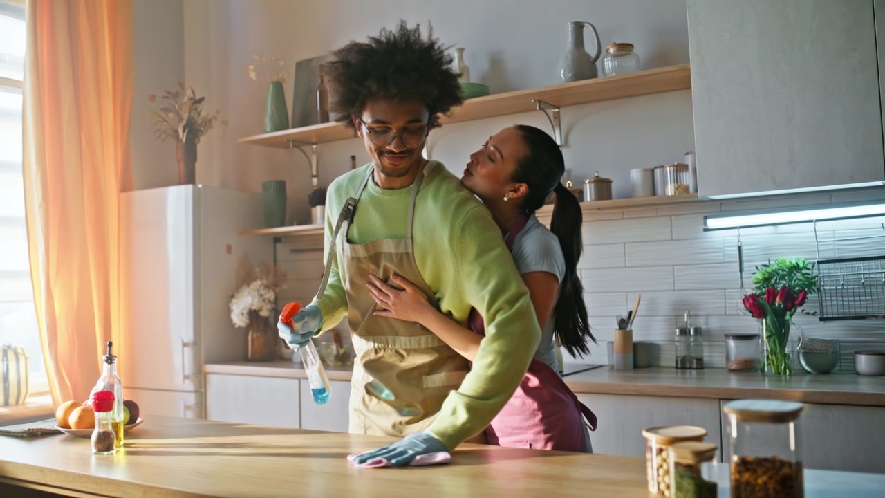 Fidanzato che pulisce il piano cucina. Fidanzata che abbraccia il partner con il grembiule mentre cucina