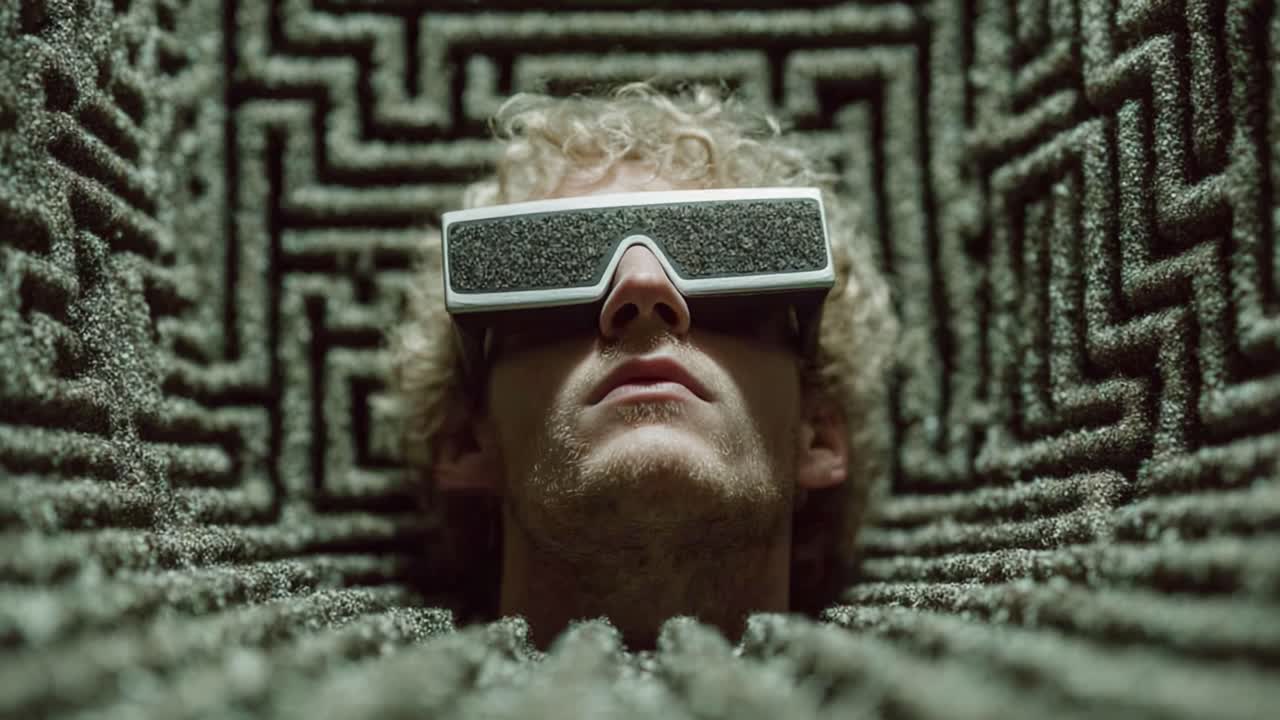 A close-up look at a person immersed in immersive technology, featuring a unique maze-like environment designed for virtual reality experiences, showcasing the intersection of human consciousness and digital realms