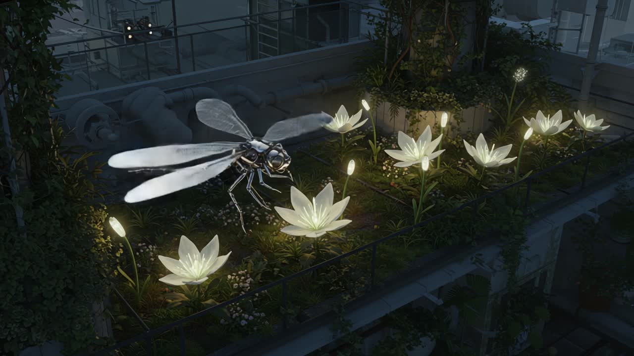 A captivating display of nature's fusion with technology, showcasing a metallic dragonfly hovering above luminescent flowers in a serene, modern rooftop garden setting