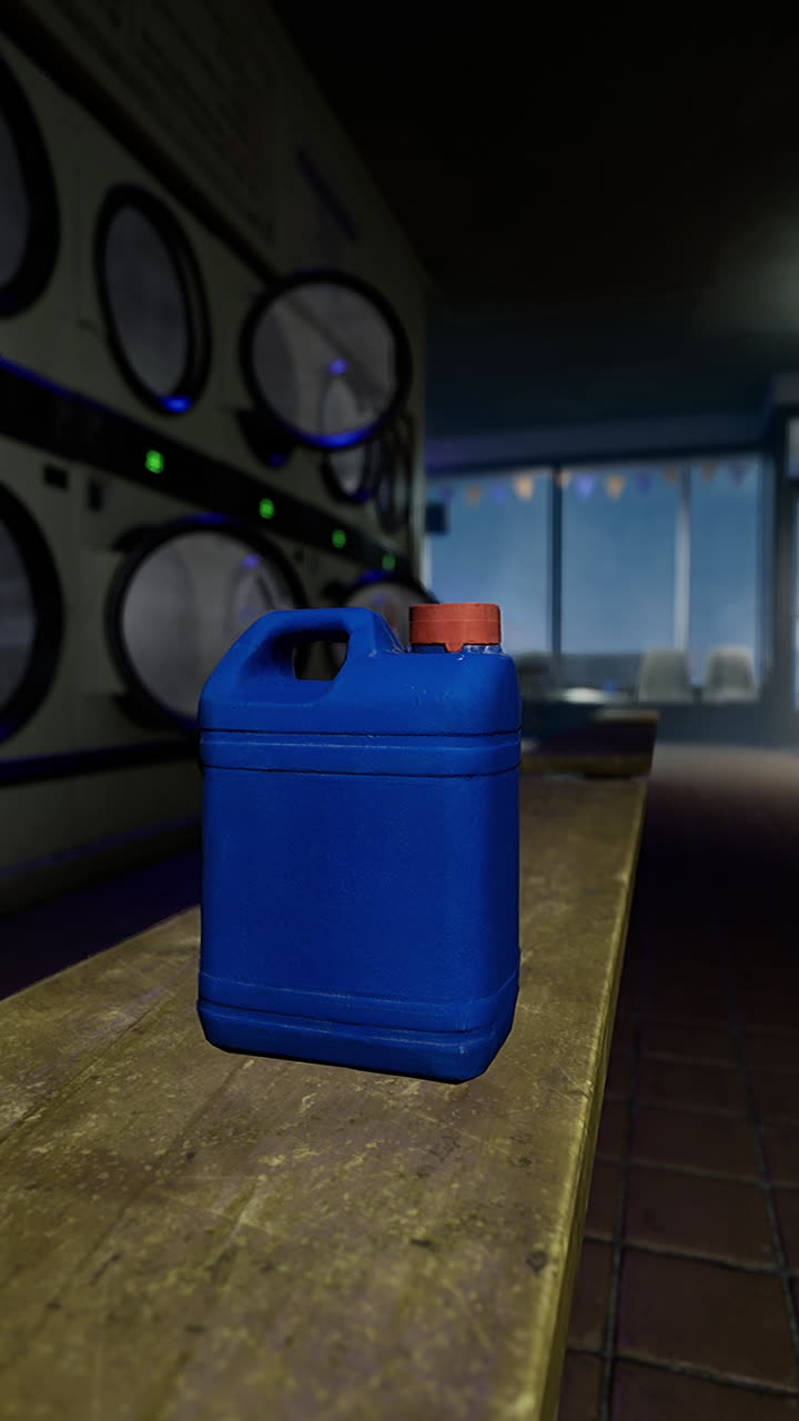 Blue container placed on wooden bench in a dimly lit laundromat