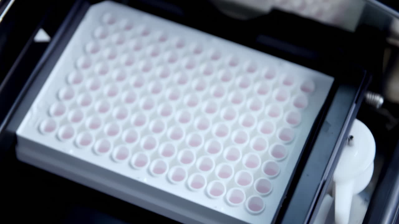 Automated Liquid Handling System Progress 96 wells plate in quantitative PCR machine for DNA quantification in a biotechnology laboratory