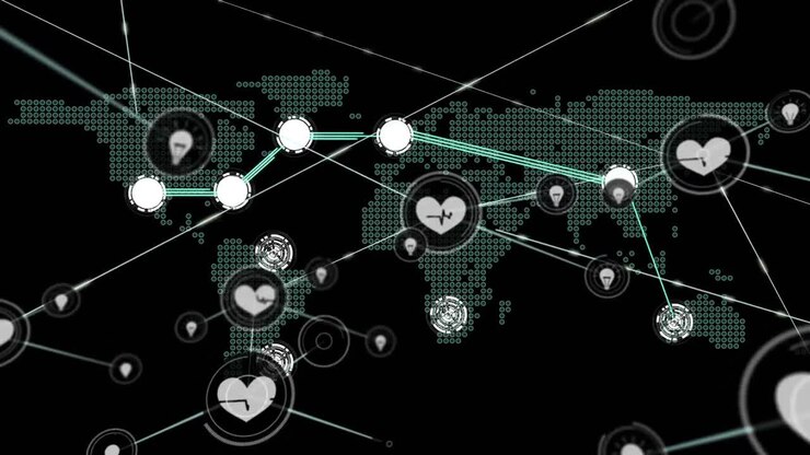 Animation of network of connections with icons over world map on black