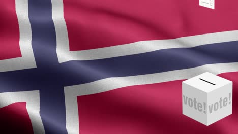 las papeletas de votación vuelan a la caja para la selección de noruega - caja de votación frente a la bandera - elección - voto - bandera de noruega - bandera noruega de alto detalle - bandera nacional de noruega patrón de ondas elementos en bucle - textura de tela y bucle sin fin