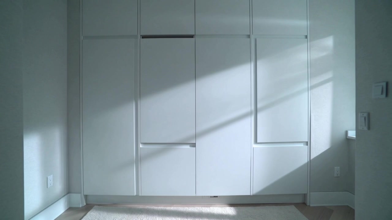 Luce solare mutevole che entra da destra proiettando un'ombra diagonale della finestra su pannelli a muro integrati e un tappeto.