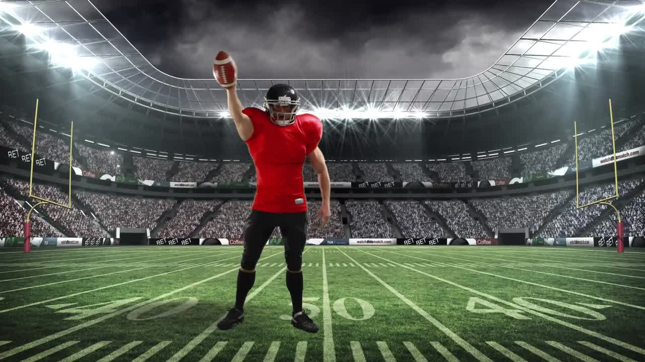 Animace hráče amerického fotbalu nad sportovním stadionem.