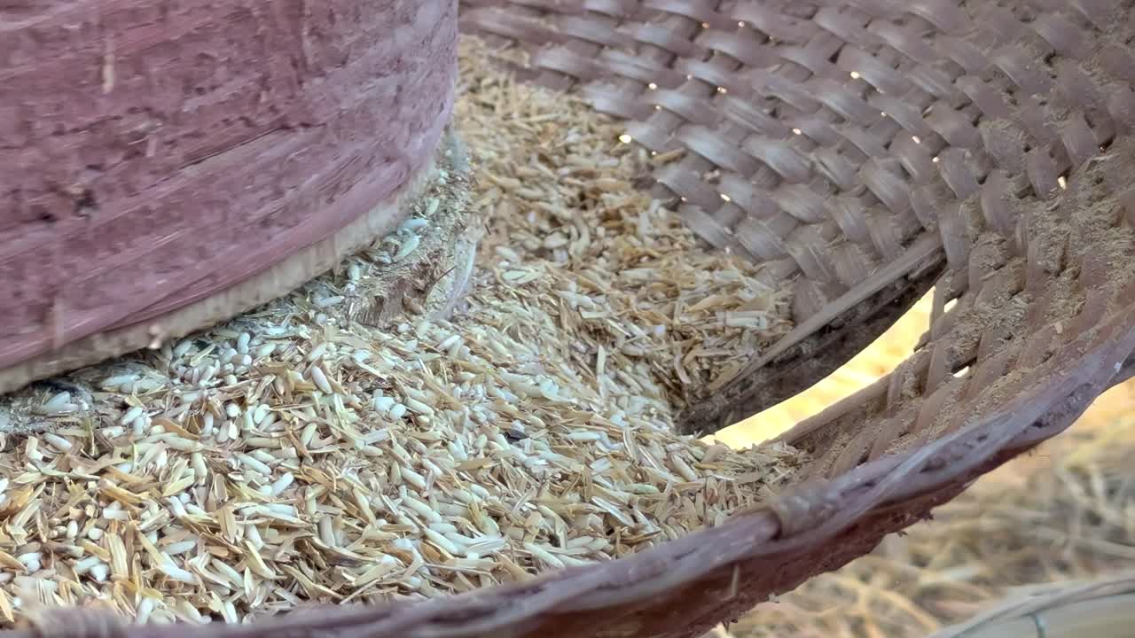 Detailed view of rice husks collected in a traditional woven basket.