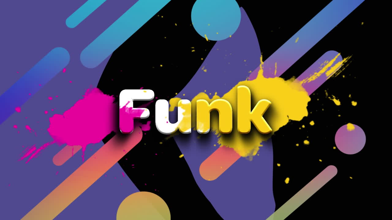animación de texto funk en letras blancas con formas coloridas y salpicaduras de pintura sobre fondo negro