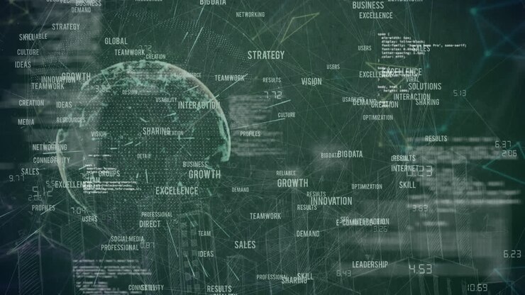 Animation of globe with network of connections and data processing