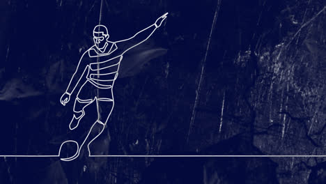 Animation-of-drawing-of-male-rugby-player-kicking-ball-and-shapes-on-blue-background