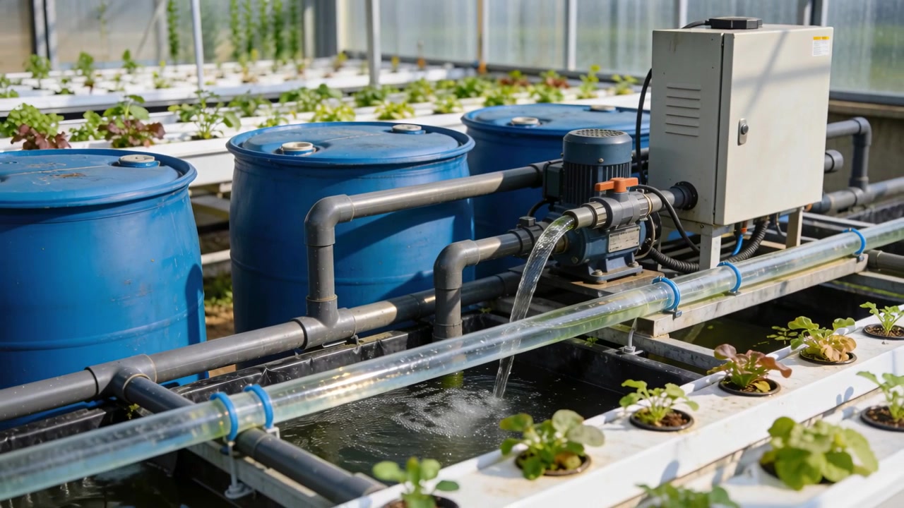Starting motor driving electric pump, circulating nutrients via PVC in greenhouse for roots