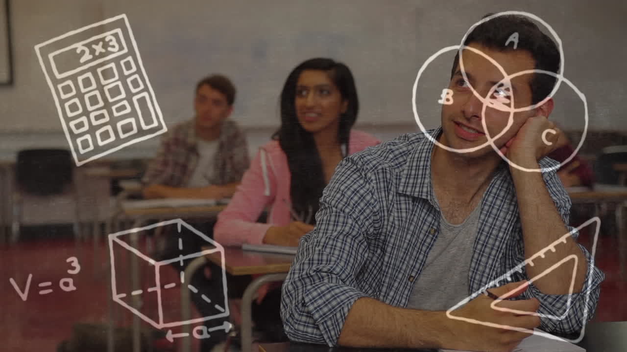 múltiples iconos de conceptos matemáticos sobre un grupo de estudiantes universitarios que estudian en la clase en la universidad