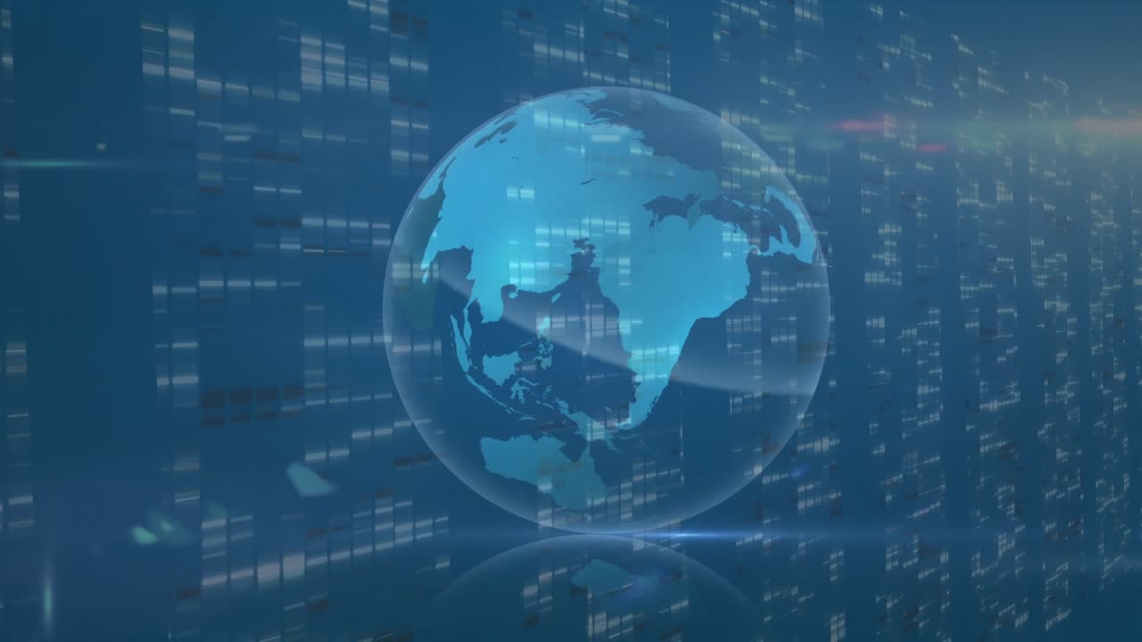 Animation of lens flare moving around rotating globe with illuminated graphs over blue background