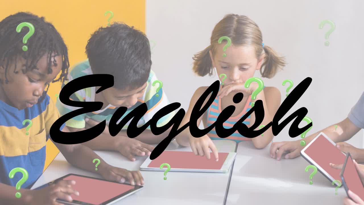 animación de signos de pregunta en inglés y verde sobre los niños de la escuela