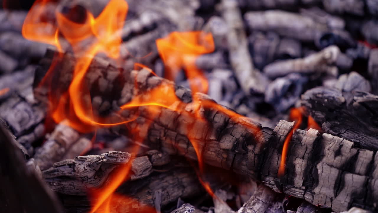 Spurts of hot red small flame fire blown with wind. Burnt wood. Power of fire. Video.