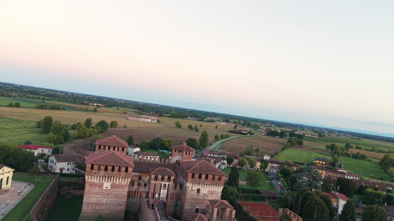 Aerial View of Soncino Castle Lombardy Italy at Sunset With Fields and Countryside Medieval Architecture and Historical Landmark Travel and Tourism Destination