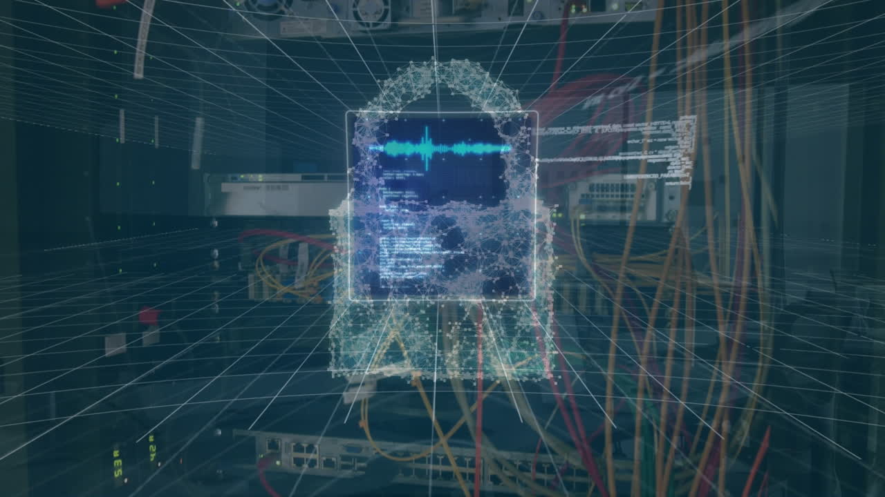 animación del procesamiento de datos y el candado sobre la sala del servidor