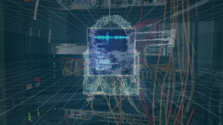 Animation of data processing and padlock over server room