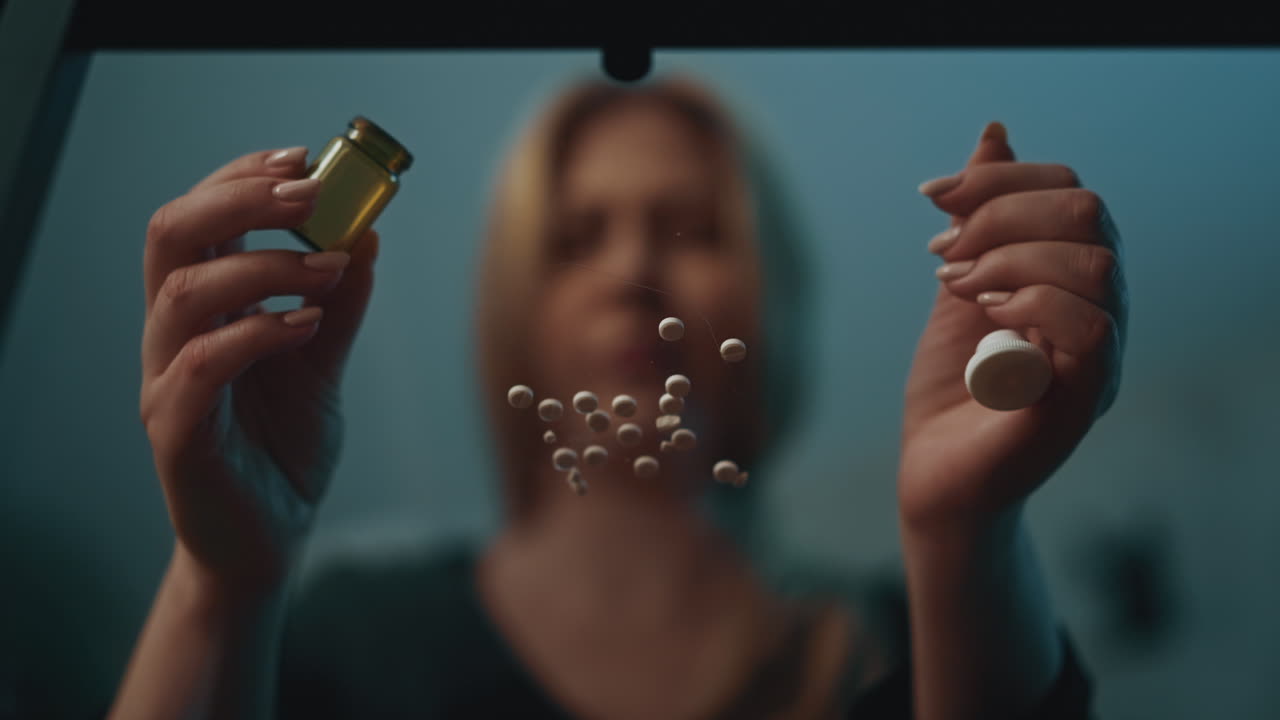 우울증에 걸린 여성이 약을 먹고 테이블에 앉아 자살을 계획하고 있습니다.