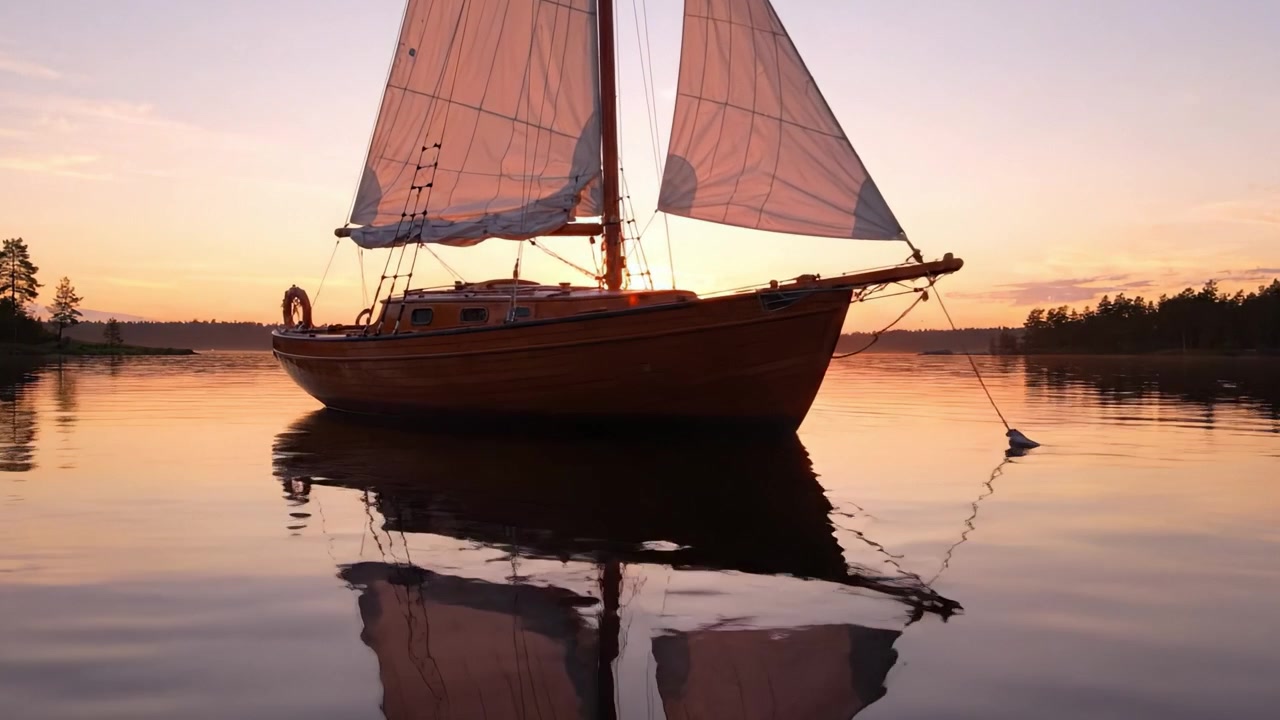 Un bellissimo tramonto riflesso sulle acque calme con una classica barca a vela ancorata nel mare sereno e illuminata dalla luce dorata del sole.