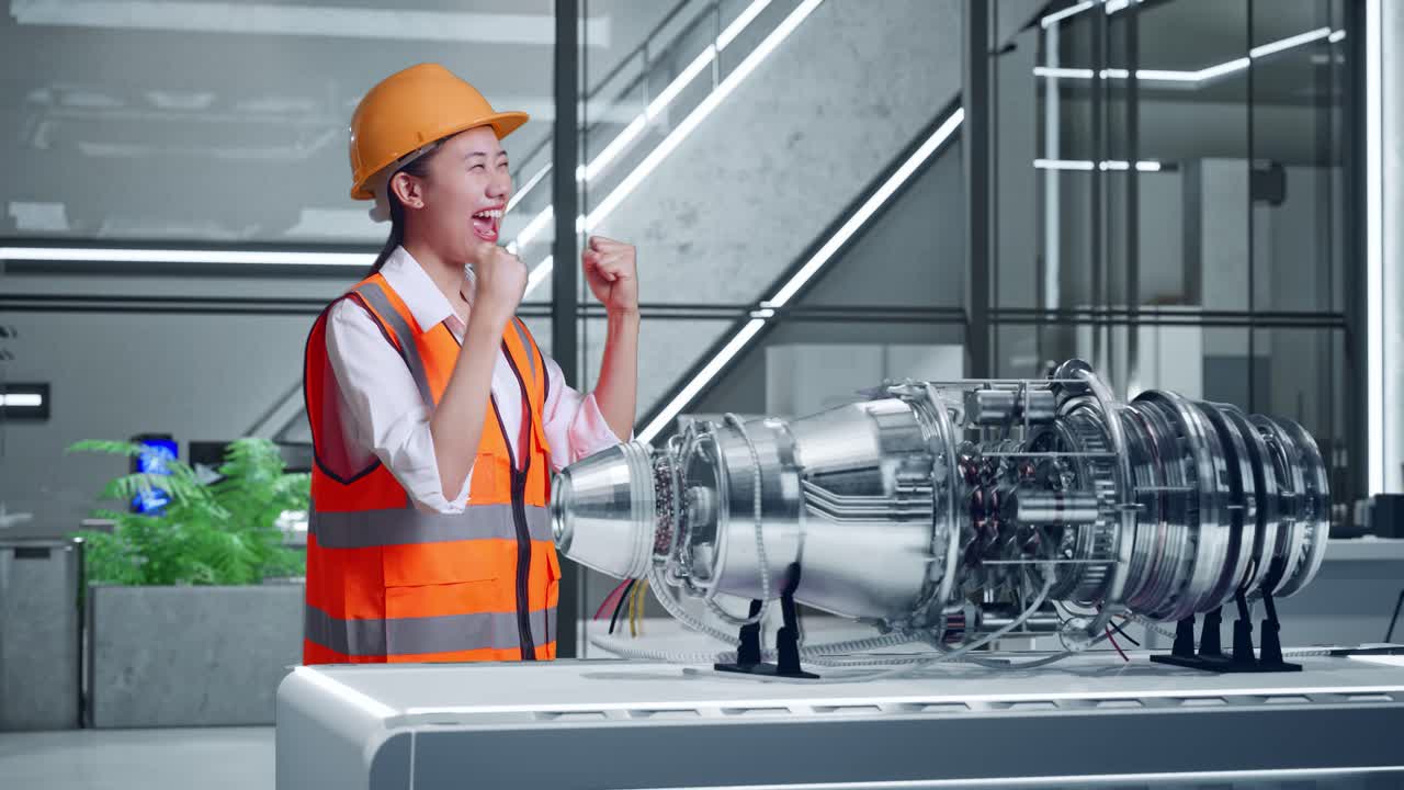 ingegnere donna che celebra il progetto del motore missilistico