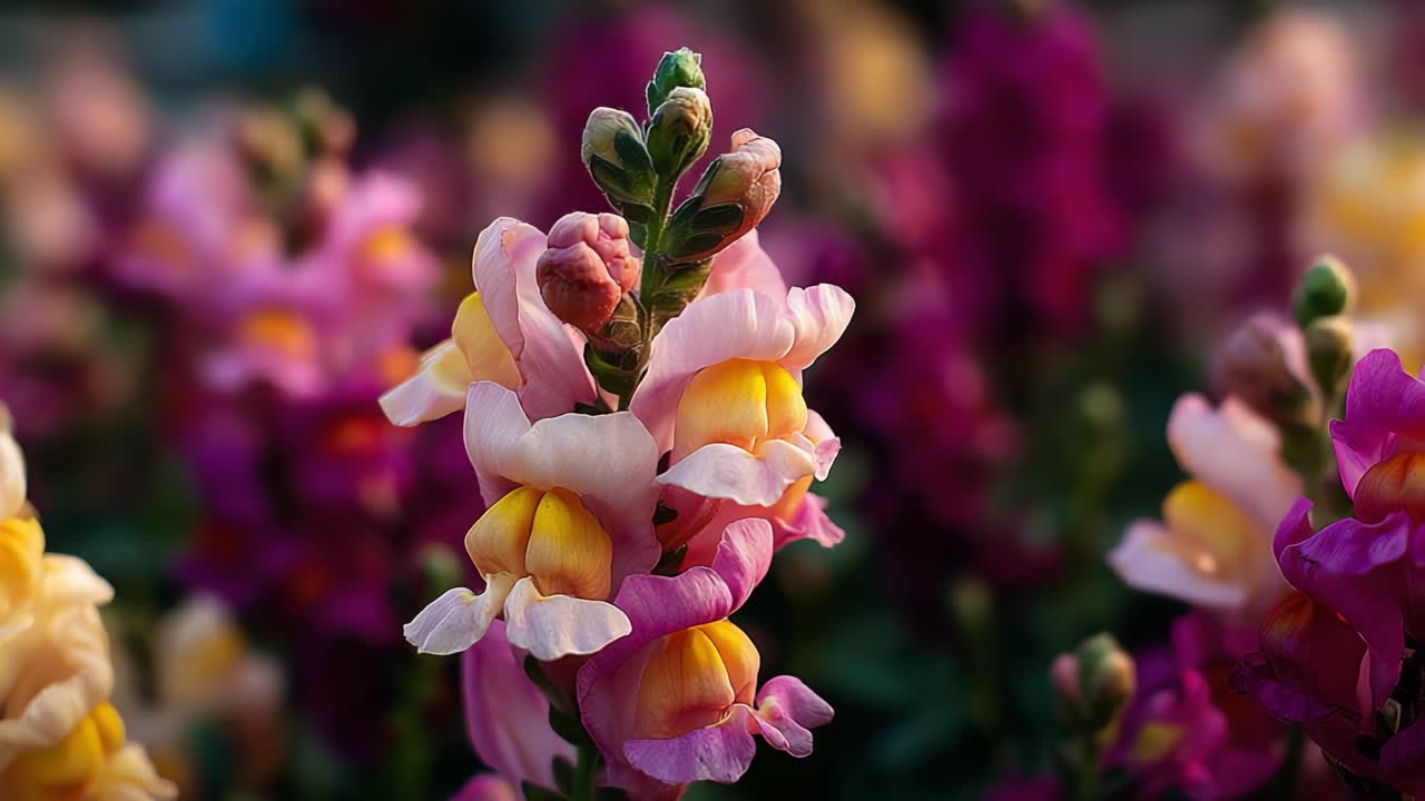 Et fantastisk skue av livlige løvemunner i full blomst, som viser intrikate kronbladmønstre og et kalejdoskop av fargerike blomster mot en vakker, myk bakgrunn