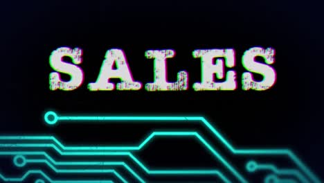 animation of text sales, in white, with computer circuitboard on black background