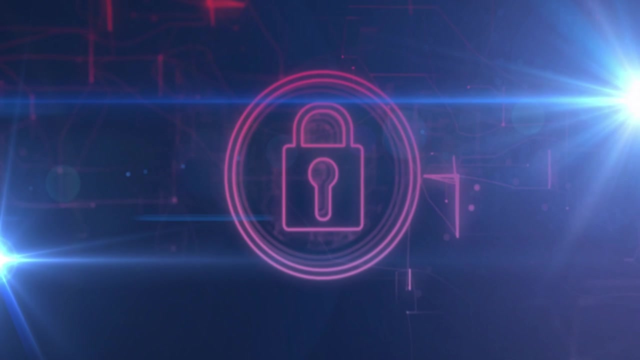 Digital Padlock Icon with Circuit Board and Lens Flare Animation