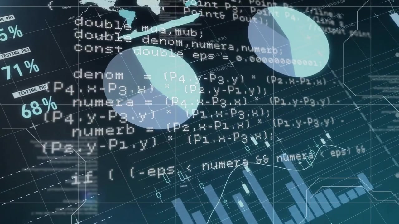 Animation of statistics and financial data processing over dark background