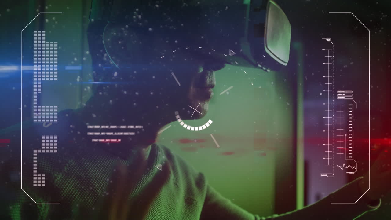 animación de datos sobre un ingeniero de ti asiático que usa auriculares vr por un servidor de computadora