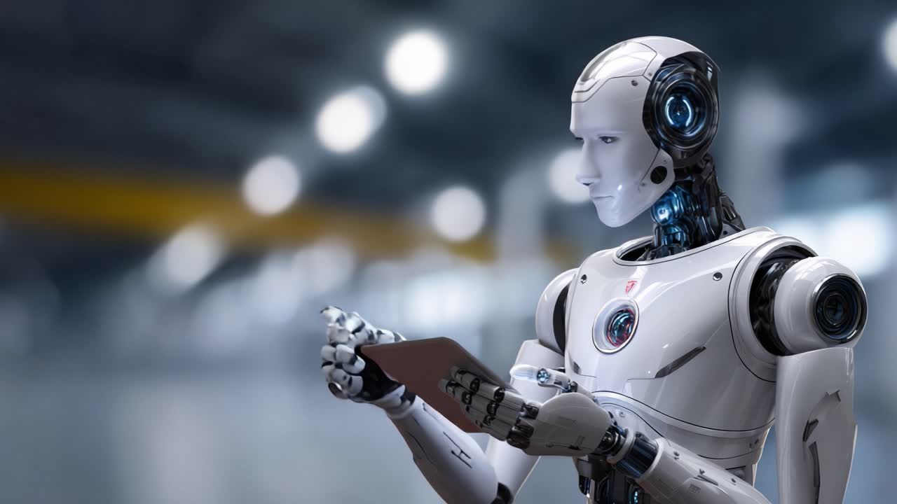 Modern, endüstriyel bir ortamda teknolojiyle etkileşim kuran gelişmiş bir robotik varlık: İnsan-robot etkileşiminin geleceğine bir bakış.