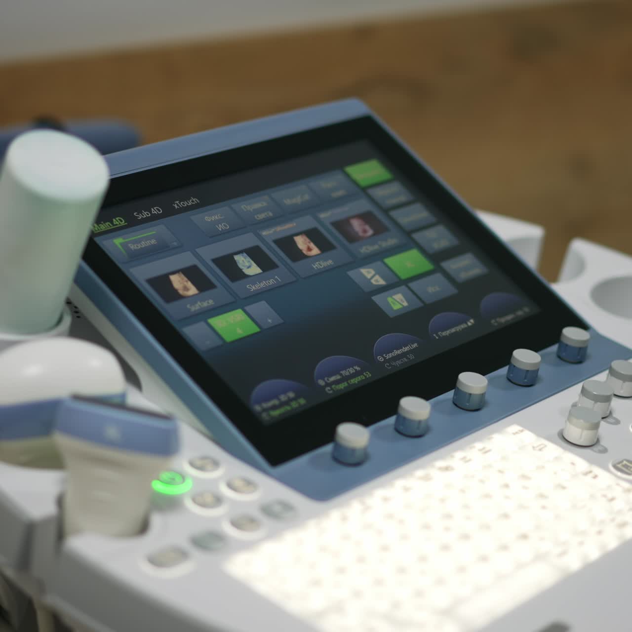 Touch screen on the medical equipment. Apparatus with multiple buttons and devices for ultrasound examination. Close up