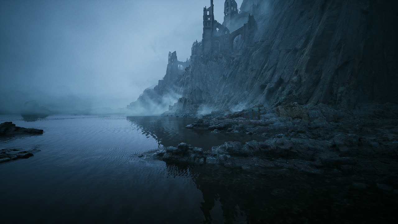 Paesaggio notturno sereno con acqua increspata e sagome avvolte nella nebbia