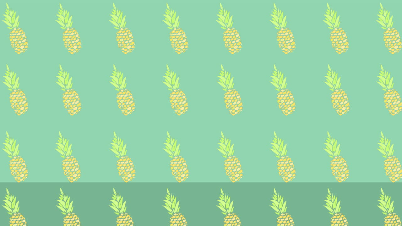 파란색 배경 위에 줄지어 움직이는 파인애플의 애니메이션
