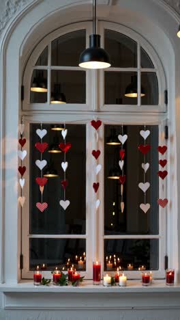 romantic window decor with heart decorations and candles