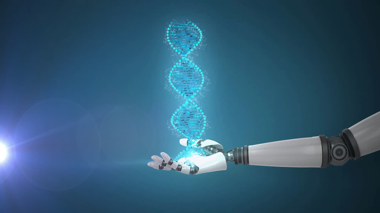 Robotic arm extending from right side presenting floating digital DNA helix in 3D render