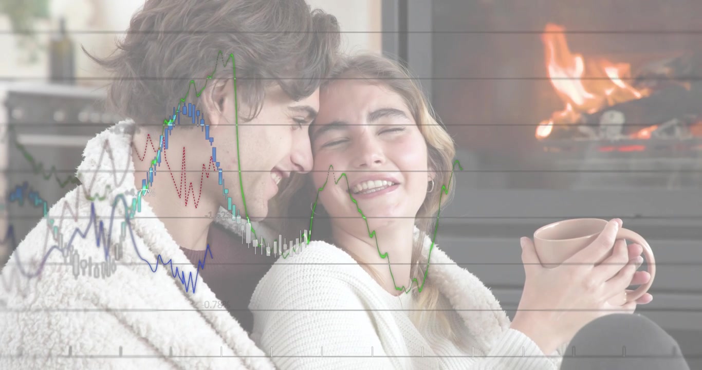 Donna che tiene una tazza e guarda il partner, grafici finanziari sovrapposti che brillano illustrando la crescita