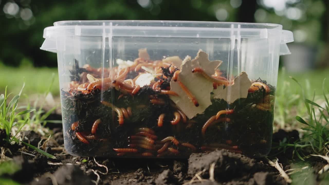 Larve arancioni-marroni che, reagendo all'esca pallida, strisciano su un contenitore di plastica trasparente nel cortile, nutrendosi.