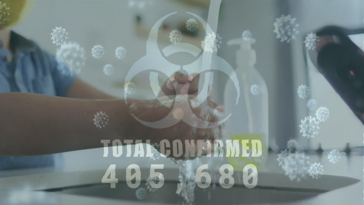 손을  ⁇ 는 백인 소년 위에 바이러스 세포의 애니메이션