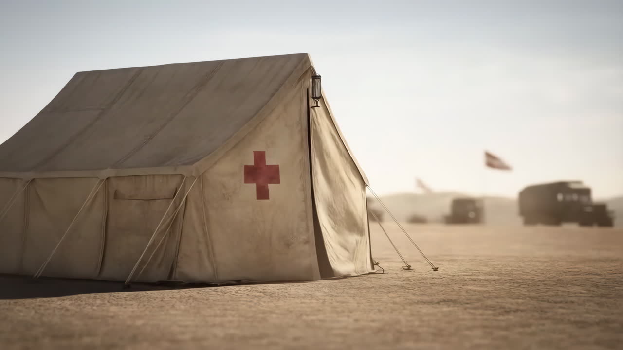Military Field Hospital Tent with Red Cross in a Dusty Desert