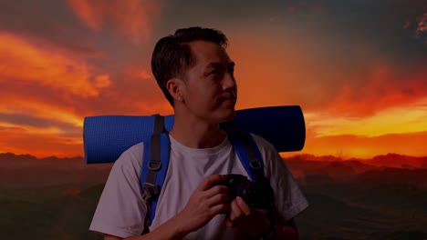 photographer at sunrise in mountains