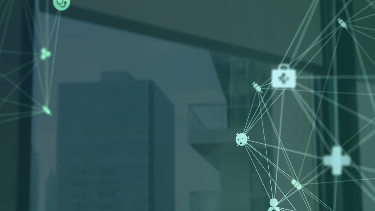 Animation of connected icons forming globes over glass window against buildings in background