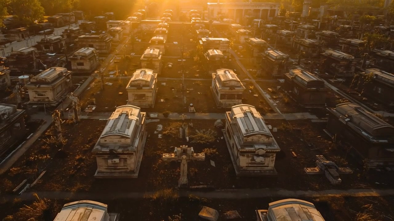 Gliding drone prompted by low sun, moving forward and lowering over mausoleum rows revealing cross