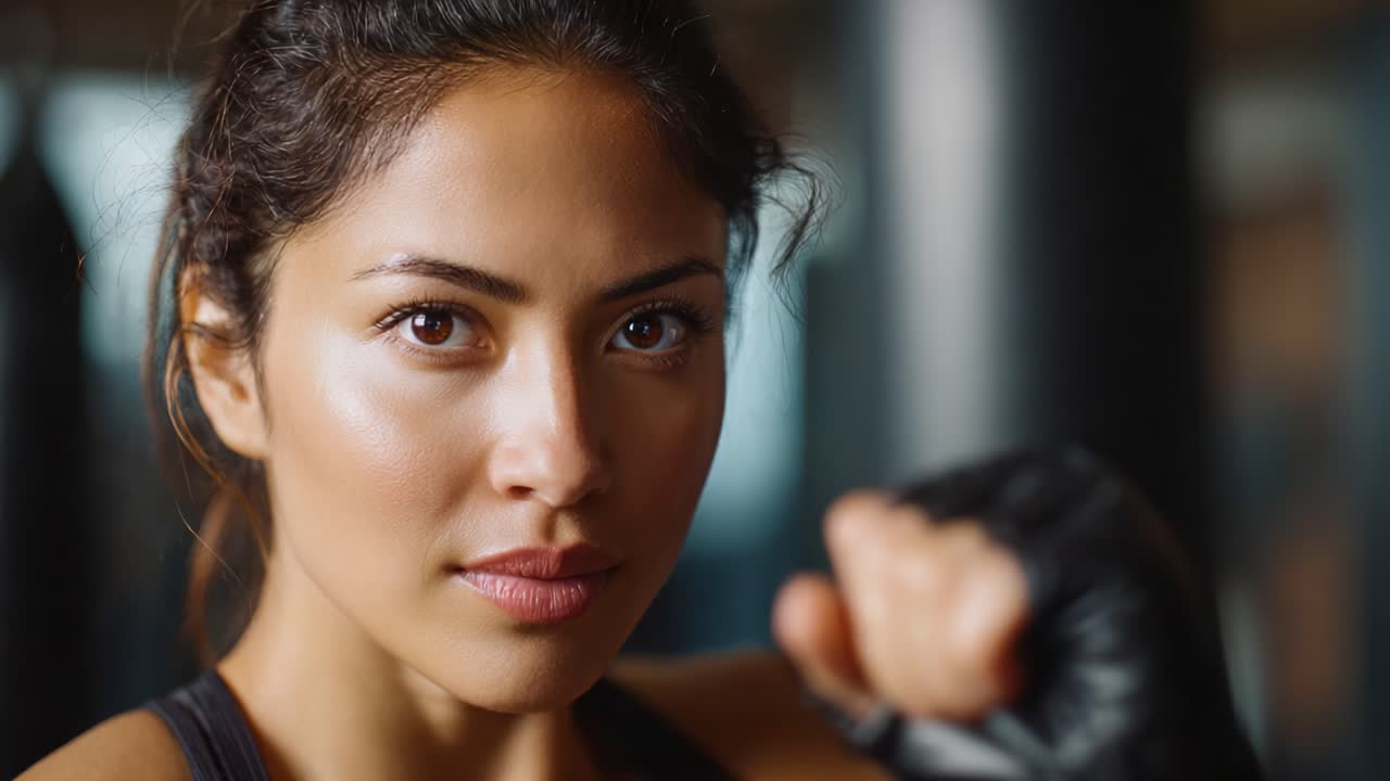 Empowered Woman in Intense Training Session, Focusing on Strength and Determination with Punch Ready for Action, Highlighting Agility and Intensity of Her Effort