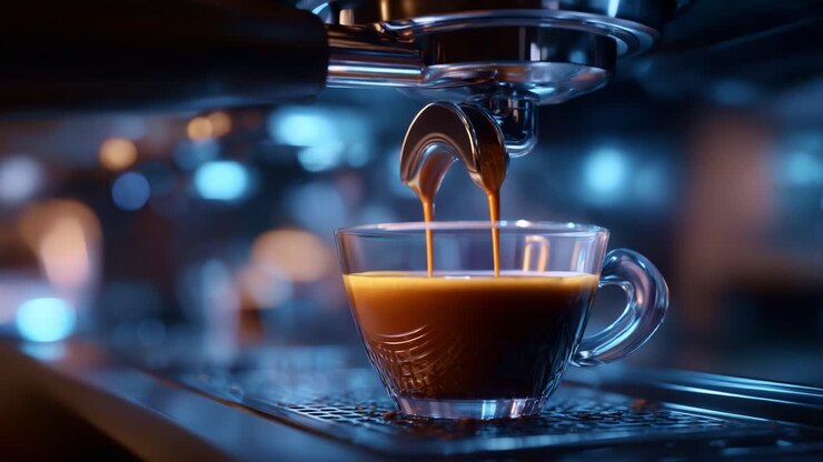 Un bellissimo primo piano di un espresso appena fatto in una macchina da caffè, che mostra il colore intenso e la consistenza della bevanda mentre riempie la tazza di vetro