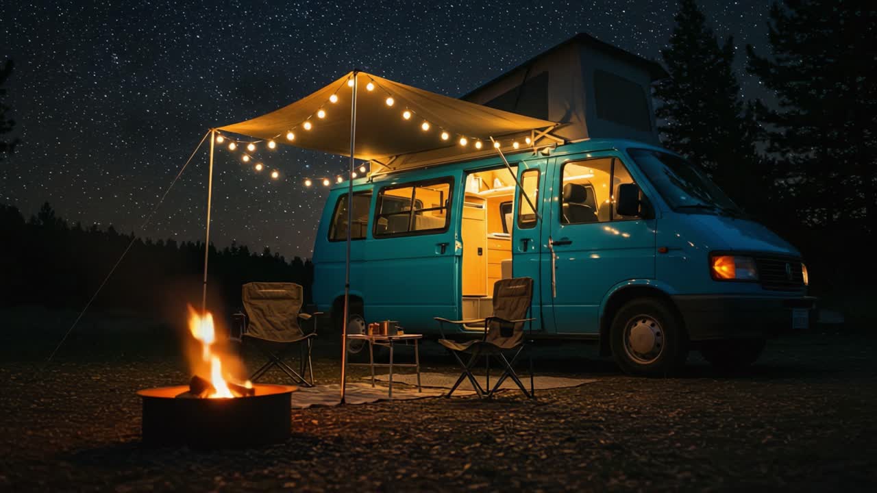 Cozy Night Under the Stars: A Blue Camper Van Surrounded by Warm Firelight and Soft Glowing Lights for a Perfect Outdoor Experience
