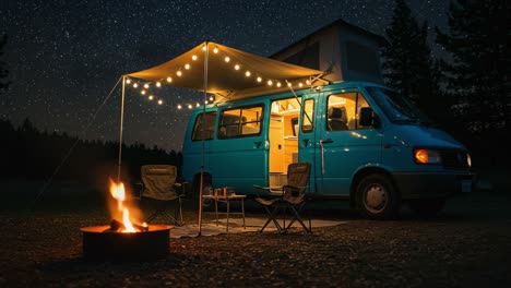 cozy night under the stars: a blue camper van surrounded by warm firelight and soft glowing lights for a perfect outdoor experience