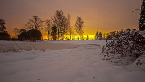 orange sunset behind leafless trees during snowy and icy winter day in nature - time lapse footage